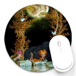 Cute fairy with awesome wolf in the night Round Mousepads Front