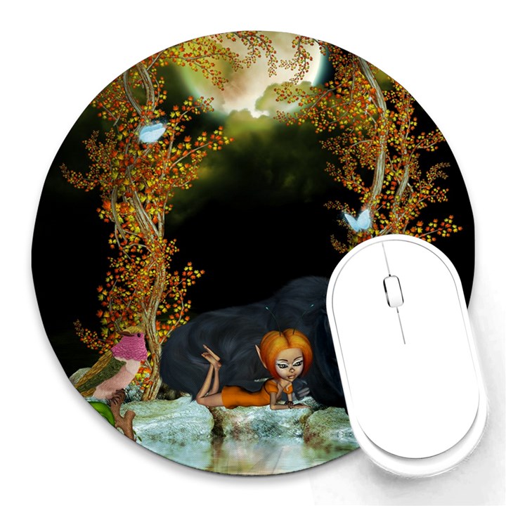 Cute fairy with awesome wolf in the night Round Mousepads