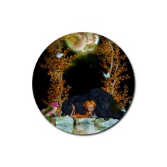 Cute Fairy With Awesome Wolf In The Night Rubber Coaster (round)  by FantasyWorld7