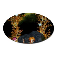 Cute Fairy With Awesome Wolf In The Night Oval Magnet by FantasyWorld7