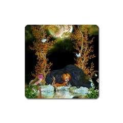 Cute Fairy With Awesome Wolf In The Night Square Magnet by FantasyWorld7