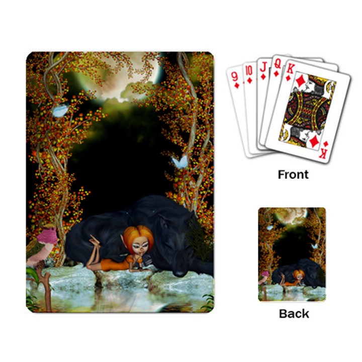 Cute fairy with awesome wolf in the night Playing Cards Single Design