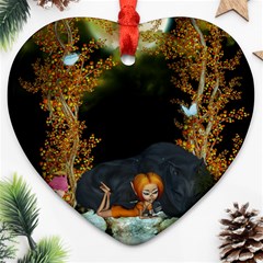 Cute Fairy With Awesome Wolf In The Night Heart Ornament (two Sides) by FantasyWorld7