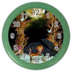 Cute Fairy With Awesome Wolf In The Night Color Wall Clock by FantasyWorld7