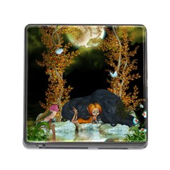 Cute Fairy With Awesome Wolf In The Night Memory Card Reader (square 5 Slot) by FantasyWorld7