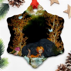 Cute Fairy With Awesome Wolf In The Night Snowflake Ornament (two Sides) by FantasyWorld7