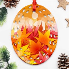 Autumn Background Maple Leaves Bokeh Oval Filigree Ornament (two Sides) by Nexatart