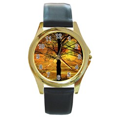 Nature Sunset Landscape Sun Round Gold Metal Watch by Pakrebo