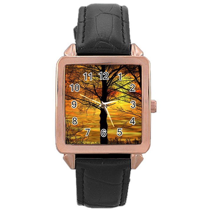 Nature Sunset Landscape Sun Rose Gold Leather Watch 