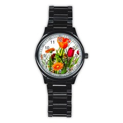 Tulip Gerbera Composites Broom Stainless Steel Round Watch by Pakrebo