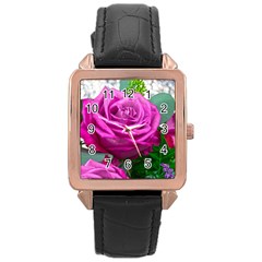 Rose Pink Purple Flower Bouquet Rose Gold Leather Watch  by Pakrebo