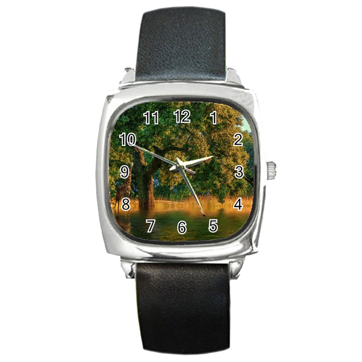 Nature Tree Sunset Giraffe Animal Square Metal Watch