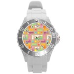 Abstract Background Colorful Round Plastic Sport Watch (L) Front