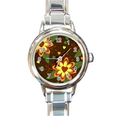 Floral Hearts Brown Green Retro Round Italian Charm Watch by HermanTelo