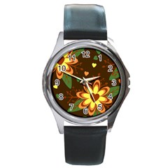 Floral Hearts Brown Green Retro Round Metal Watch by HermanTelo