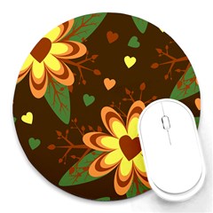 Floral Hearts Brown Green Retro Round Mousepads by HermanTelo