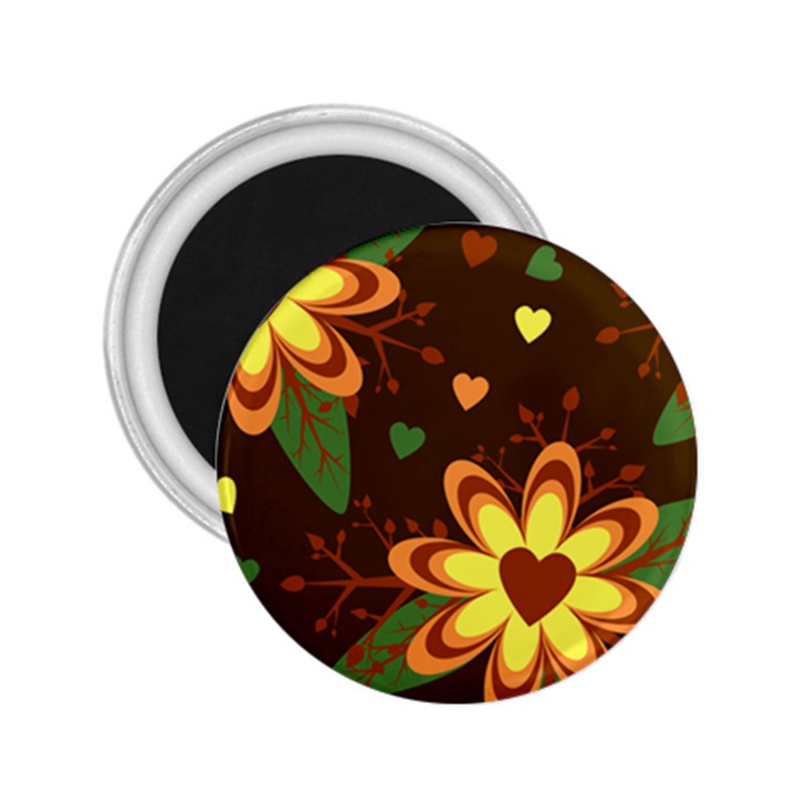 Floral Hearts Brown Green Retro 2.25  Magnets