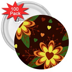 Floral Hearts Brown Green Retro 3  Buttons (100 Pack)  by HermanTelo