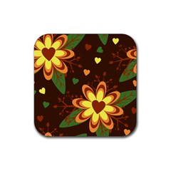 Floral Hearts Brown Green Retro Rubber Coaster (square)  by HermanTelo