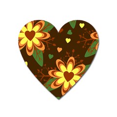 Floral Hearts Brown Green Retro Heart Magnet by HermanTelo