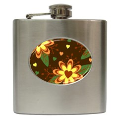 Floral Hearts Brown Green Retro Hip Flask (6 Oz)