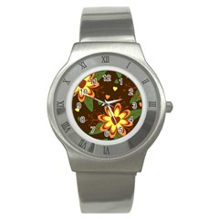 Floral Hearts Brown Green Retro Stainless Steel Watch by HermanTelo