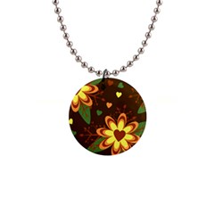 Floral Hearts Brown Green Retro 1  Button Necklace by HermanTelo