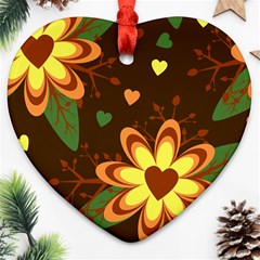 Floral Hearts Brown Green Retro Heart Ornament (two Sides)