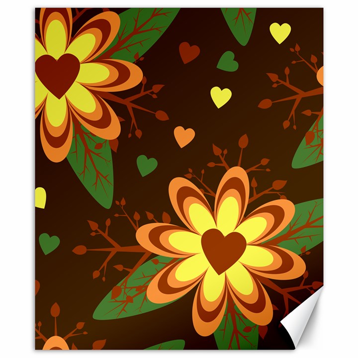 Floral Hearts Brown Green Retro Canvas 8  x 10 