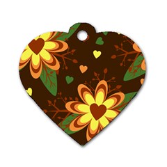 Floral Hearts Brown Green Retro Dog Tag Heart (two Sides)