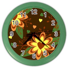 Floral Hearts Brown Green Retro Color Wall Clock by HermanTelo