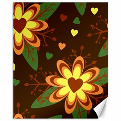 Floral Hearts Brown Green Retro Canvas 11  X 14 