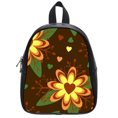 Floral Hearts Brown Green Retro School Bag (small)