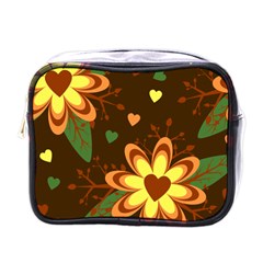 Floral Hearts Brown Green Retro Mini Toiletries Bag (one Side)