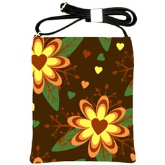 Floral Hearts Brown Green Retro Shoulder Sling Bag by HermanTelo