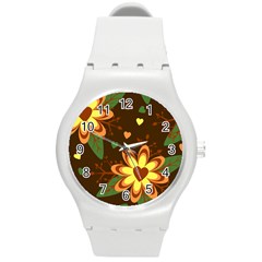 Floral Hearts Brown Green Retro Round Plastic Sport Watch (m)