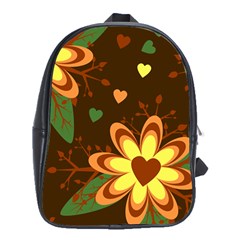 Floral Hearts Brown Green Retro School Bag (xl)