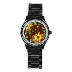 Floral Hearts Brown Green Retro Stainless Steel Round Watch