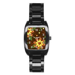 Floral Hearts Brown Green Retro Stainless Steel Barrel Watch by HermanTelo