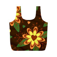 Floral Hearts Brown Green Retro Full Print Recycle Bag (m) by HermanTelo