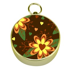 Floral Hearts Brown Green Retro Gold Compasses