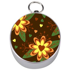 Floral Hearts Brown Green Retro Silver Compasses