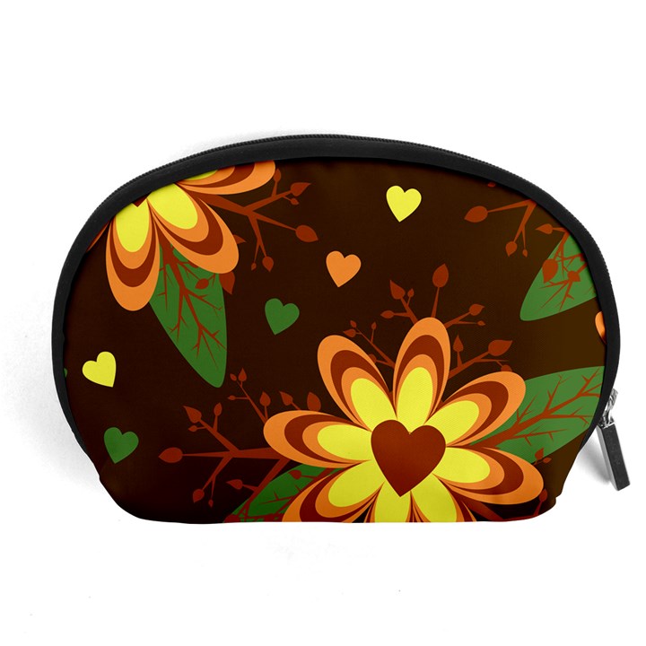 Floral Hearts Brown Green Retro Accessory Pouch (Large)