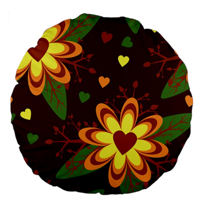 Floral Hearts Brown Green Retro Large 18  Premium Flano Round Cushions