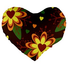 Floral Hearts Brown Green Retro Large 19  Premium Flano Heart Shape Cushions