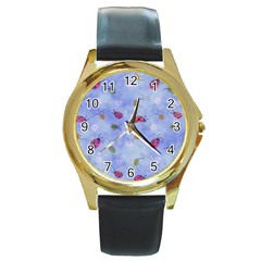 Ladybug Blue Nature Round Gold Metal Watch by HermanTelo