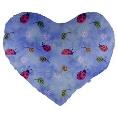 Ladybug Blue Nature Large 19  Premium Flano Heart Shape Cushions