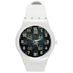 Golden Glitter Skeleton Gothic Round Plastic Sport Watch (m) by HermanTelo