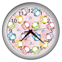 Owl Bird Cute Pattern Background Wall Clock (Silver)