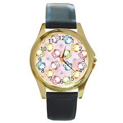 Owl Bird Cute Pattern Background Round Gold Metal Watch